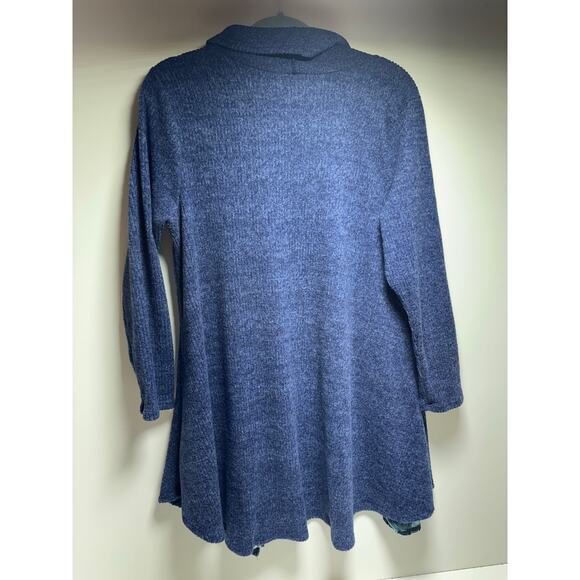 Cal Style Blue Purple Mix Media Print Cowl Neck Tunic Sweater Sz Large Boho - Picture 7 of 8